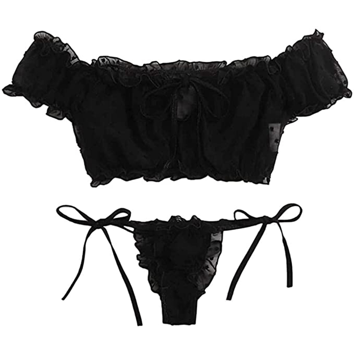 Women Two Pieces Nightwear Set, fashion Off Shoulder Ruffle Trim Lingerie Set Bra and Panty Swimsuits